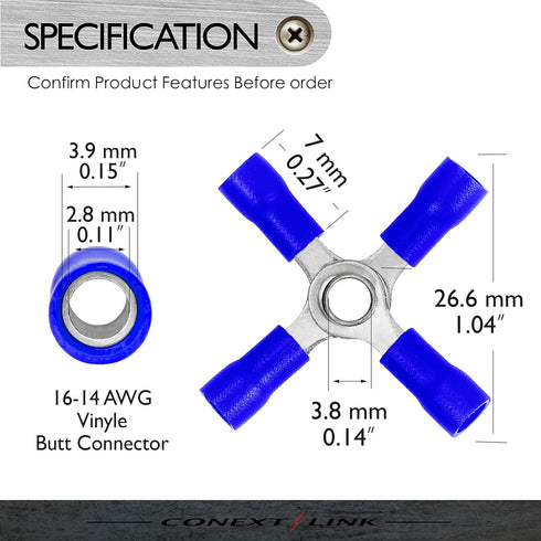 Conext Link 10 Wire Crimp 4 Way X Ring Butt Connector Terminal, Vinyl Blue 16-14 AWG Gauge