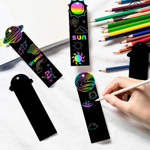 CY2SIDE 72PCS 9 Solar System Planets Scratch Bookmarks for Kids, Outer Space Theme Scratch Card Craft Kits, Galaxy Star