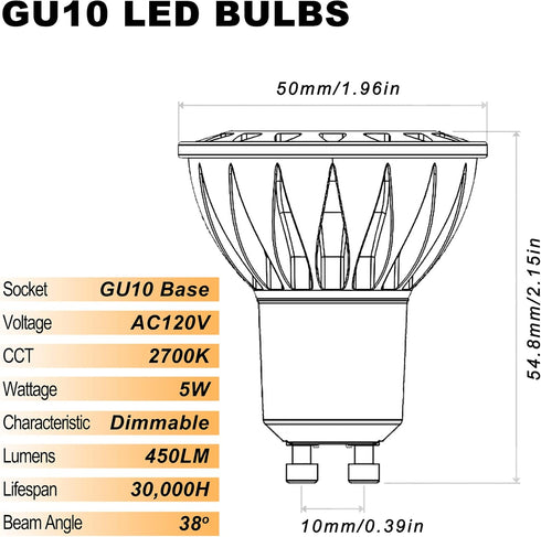 ALIDE GU10 Led Light Bulbs Dimmable AC120V,25W 35W 50W Halogen Replacement,2700K Warm White,MR16 GU10 Dimmable 2 Prong Base 5W Led Track Bulbs,450LM,38 Degrees,6Pack by ALIDE