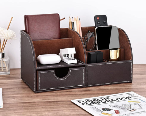 KINGFOM PU Leather Desk Organizer, Pen Pencil Holder Caddy Storage Box with Drawer, 6 Compartments (Brown)