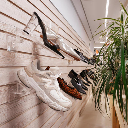 2 Pack Slatwall Swivel Shoe Display with Heel Rest, Clear Angled Retail Single Footwear Rack