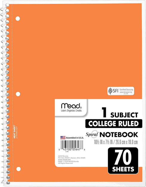 Mead Spiral Notebooks, 6 Pack, 1-Subject, College Ruled, 10-1/2" x 8”, 70 Sheets per Notebook, Assorted Colors