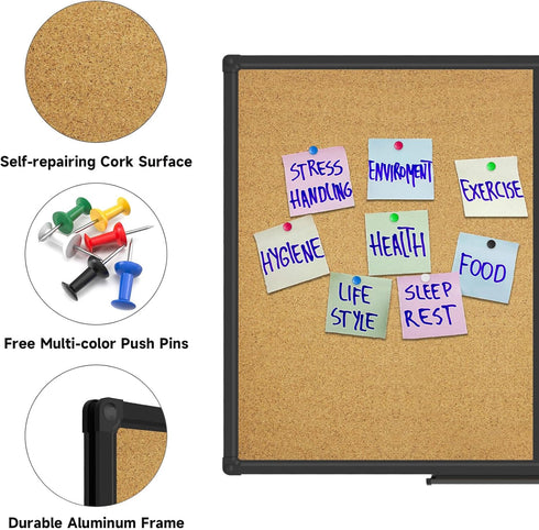 XBoard Magnetic Whiteboard 36 x 24 - Combo Dry Erase Board/Cork Board with Black Aluminum Frame, Colorful Push Pins