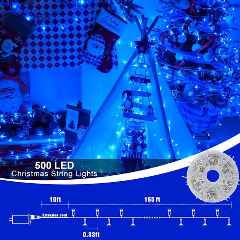 165ft 500 8 QITONG Blue String Lights Outdoor, LED Christmas Light Plug-in with Modes, Clear Wire Twinkle Xmas Lights