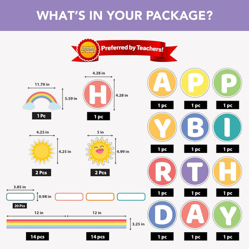 Decorably 101 Pcs Rainbow Birthday Classroom Decor - Reusable Birthday Chart with Borders for Bulletin Board