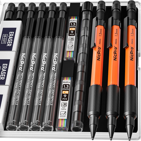 Nicpro 3 PCS 1.3 mm Orange Mechanical Pencils Set - Weatherproof Metal Barrel with 66 Lead Refill and 3 Erasers