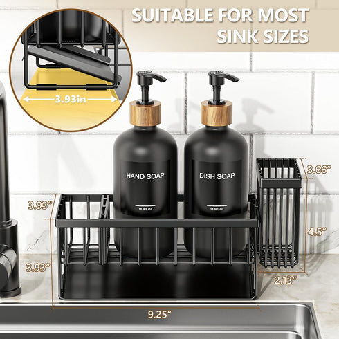 Set 2 Pack 16.9oz Set Cisily Kitchen Dish Soap Dispenser with Black Glass Bottle and Sponge Holder, Dish Soap