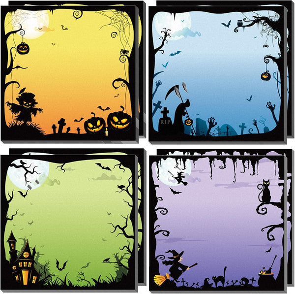 Whaline 8 Pack Halloween Sticky Notes, 4 Design Cartoon Note Pads, Fright Night Pumpkin Witch Memo Pads