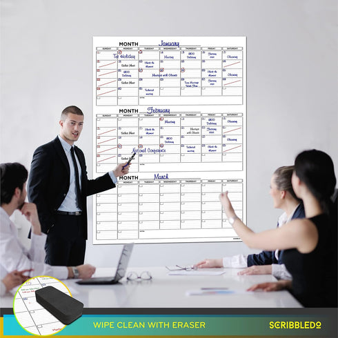Large 36"x48" Quarterly White Board Calendar, Dry Erase Wall Calendar for 3 Month Planning with Markers and Eraser