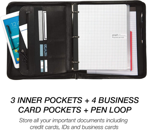 Samsill Professional 1-Inch Zipper Binder Padfolio, Black, Includes iPad Pocket & Writing Pad