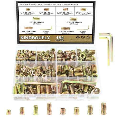 152 Pieces Threaded Inserts Assortment Kit, 1/4"-20, 5/16"-18 for Wood Furniture Screws