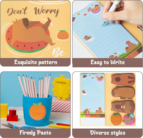 Capybara Sticky Notes Set - 550 Sheets, Don’t Worry Be Capy Self-Stick Notes Pads, Cute Animal Writing Memo Pages for