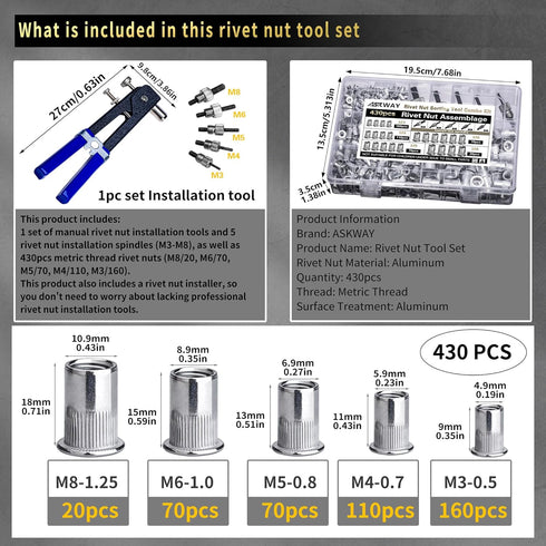AskWay 430Pcs (M8/M6/M5/M4/M3), Pressure Rivet Nut Tool Kit, Aluminum Rivet Nut Combination Suitable for Furniture
