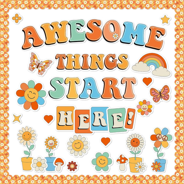 gisgfim Classroom Bulletin Board Decoration Set with Welcome Banner and Groovy Hippie Decor for Schools