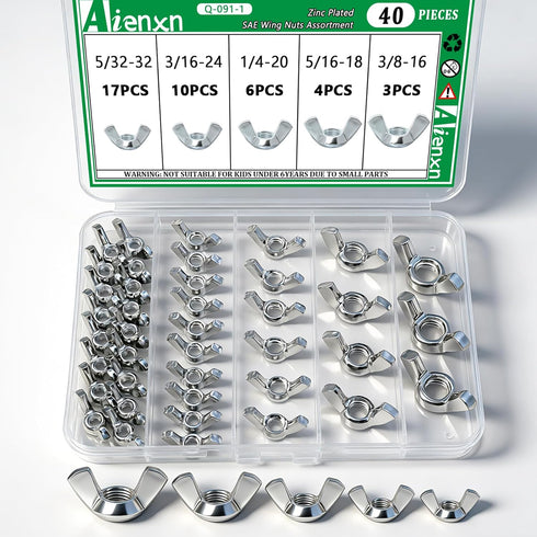 Aienxn 40PCS SAE Wing Nuts Assortment Kit, 5 Sizes- 5/32", 3/16", 1/4", 5/16",
