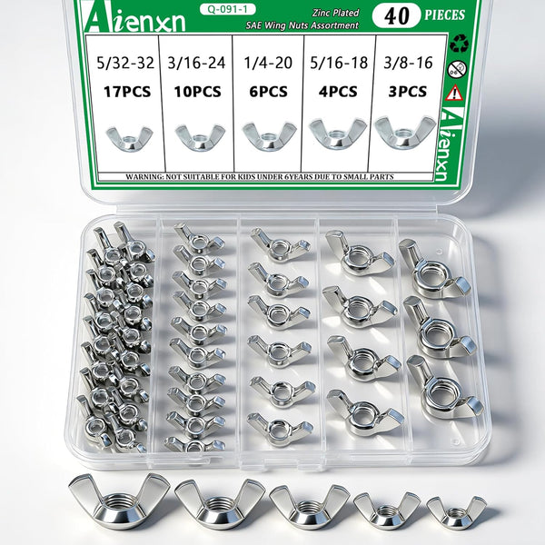 Aienxn 40PCS SAE Wing Nuts Assortment Kit, 5 Sizes- 5/32", 3/16", 1/4", 5/16",