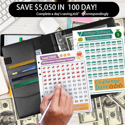 Money Saving Binder - 100 Envelopes for Budgeting Challenge with 3 Trackers, A5 Planner Book