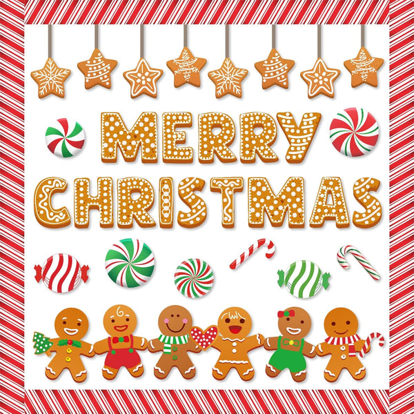 Whaline 76Pcs Merry Christmas Classroom Decoration Kit, Gingerbread Candy Cane Cutouts with Red White Stripes Border