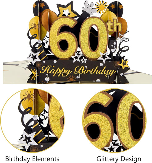 HOMANGA 60th Birthday Pop Up Card, 3D Greeting Card with Note and Envelope, Gifts for Husband, Wife, Men, Women
