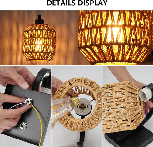 1Pack lobolighting Boho Rattan Wall Sconces Hardwired Hand-Woven Farmhouse Wall Lamps Indoor Rustic Wall Mount Light