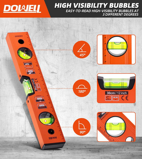 DOWELL 12 Inch Magnetic Spirit Level with Metric Scale, 3 Different Bubbles - 45 /90 /180 HY030660