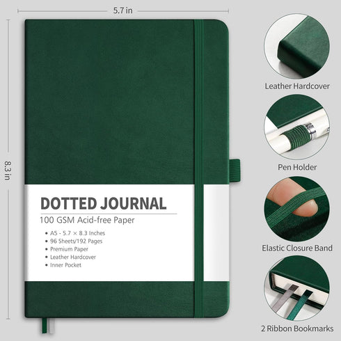 RETTACY Bullet Dotted Journal - A5 Dotted Grid Notebook with 192 Pages, 100 GSM Acid-Free Paper, Bullet Journaling, Sketching, Leather Hardcover, Inner Pocket, 5.7'' × 8.3'' (Dark Green)