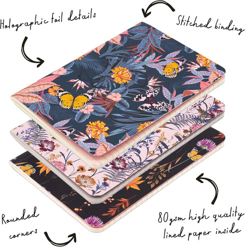 Pukka Pad Bloom B6 Stitched Exercise Books, 3 Pack of Assorted Floral Designs, 6.9" x 4.9"