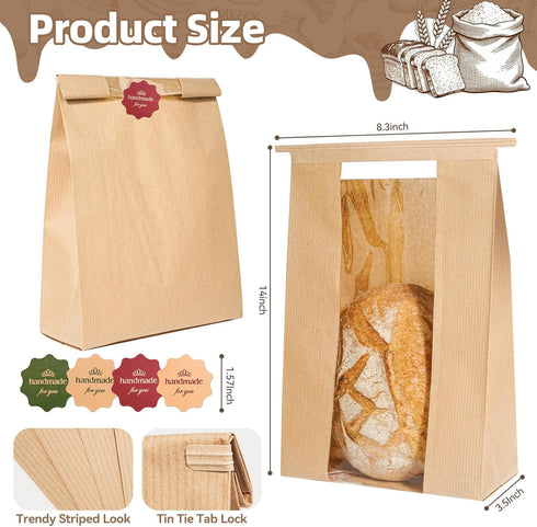 50 Packaging, (50) Funcoo Paper Bread Bags for Homemade Bread, Sourdough Bread Bags Bakery Bags with Window/Tin Tie Tab