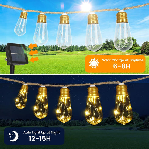 24FT 20 Bulbs,8 Solar Outdoor String Lights Vintage Rope Hemp Solar Lights with Shatterproof Modes Solar Powered String
