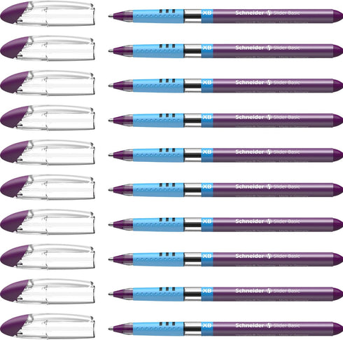 Schneider Slider Basic XB Ballpoint Pen, 1.4 mm Extra Broad, Transparent Barrel, Violet Ink, Box of 10 Pens