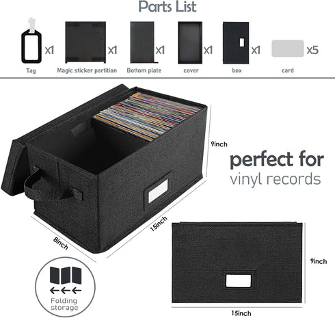 Vinyl Record Storage Box for 7"/45 RPM LPs, Black Case Holds up to 80 Albums, Collapsible File Folder Organizer