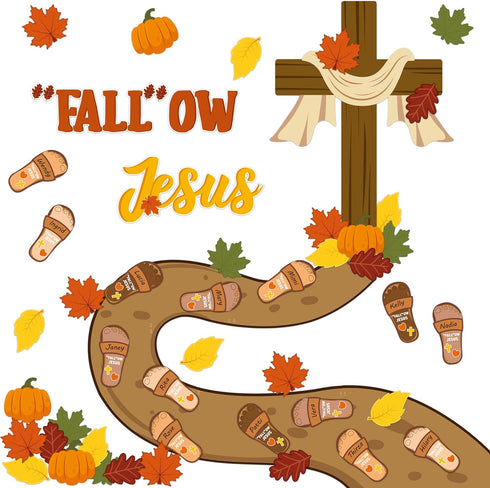 BeYumi 70Pcs Christian Bulletin Board Set - Fall Leaves, Pumpkin, Cross Cutouts for Sunday School Decor