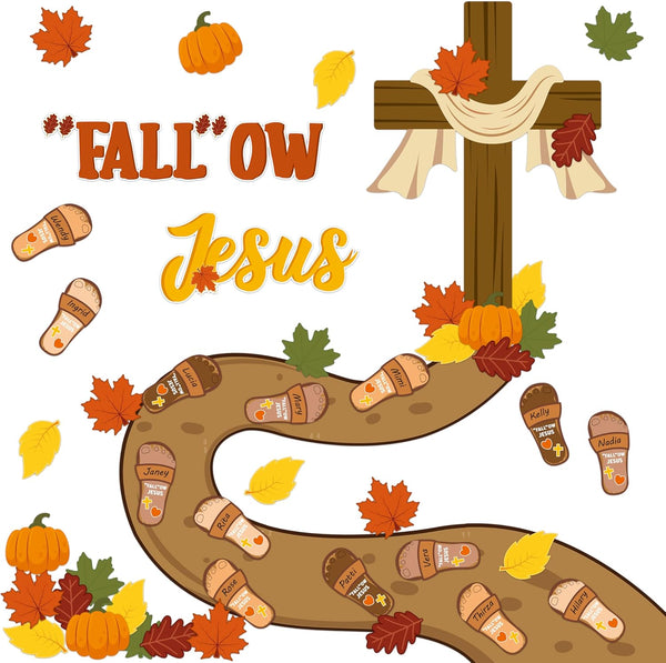 BeYumi 70Pcs Christian Bulletin Board Set - Fall Leaves, Pumpkin, Cross Cutouts for Sunday School Decor