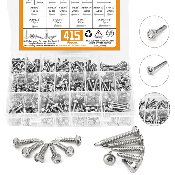 415pcs Premium Self Tapping Screw Assortment Kit, #8 & #10 Stainless Steel Screws, 1/2" to 2" Length