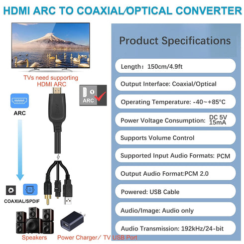 192KHz PCM2.0 Control-4.9ft/1.5m HDMI eARC/ARC to Optical Coaxial SPDIF Audio Converter for TV to Soundbar, Plug & Play