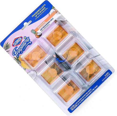30 Closet, 0.12 Oz, 6 Count Clorox Fraganzia Stick-On Gel Fresheners, Island Escape Trash Can Deodorizer Up to Days