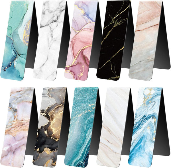 WAVEYU Magnetic Bookmarks for Women and Men, Assorted Page Markers for Book Lovers, 10 Marble Designs for School and