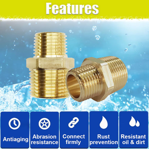 2pcs Reducing Hex Nipple, Brass 1/2" NPT Male x 3/8" NPT Male Pipe Fitting Reducer Adapter (2pcs, 1/2"-3/8")
