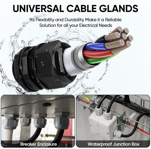 TICONN 20 Pcs IP68 Waterproof Cable Gland Kit, Nylon NPT Adjustable Cable Connectors Assortment for Waterproof Junction