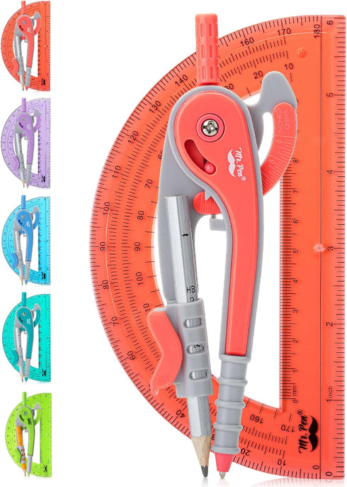 Mr. Pen Compass and Protractor Set, Red Geometry Tool for Drawing, Math Compass, Protractor Set