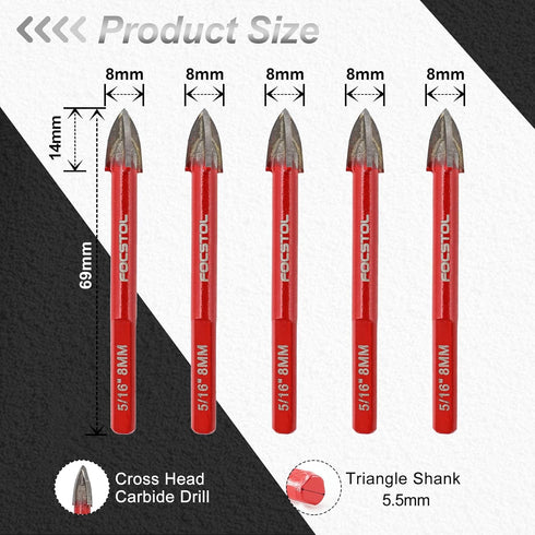 FOCSTOL 5pcs Masonry Concrete Drill Bit Set, 8mm Carbide Bits with Triangle Shank for Wood, Plastic, Foam