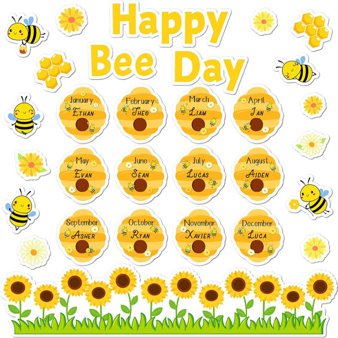 Bee Birthday Bulletin Board Set with Happy Bee Day Decorations, Honeycomb Cutouts, and Sunflowers for Classroom Decor