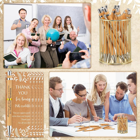 ReliThick 100 Sets Employee Appreciation Gift, Inspirational Bamboo Ballpoint Pen, Thank You Greeting Card