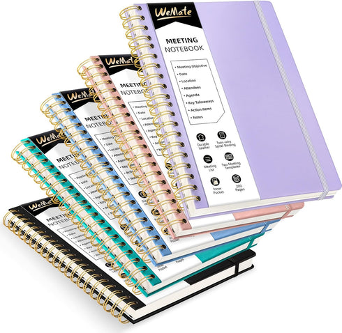 WEMATE 5 Pack Meeting Notebooks with Action Items, 200 Pages, PU Leather Notebook 10" × 7", Color Set 2