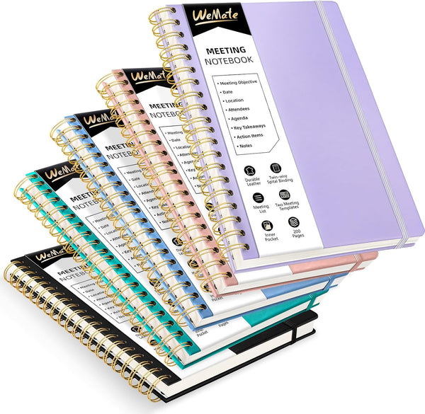 WEMATE 5 Pack Meeting Notebooks with Action Items, 200 Pages, PU Leather Notebook 10" × 7", Color Set 2