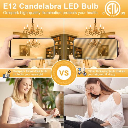 GOLSPARK E12 Dimmable LED Bulb, 60W Equivalent, 10 Pack, 2700K Warm White Type B E12 Candelabra, Clear Glass