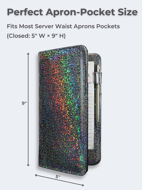 Mymazn Holographic Glitter Server Book for Waitress - Magnetic Cash Pocket & Zipper Pouch - Guest Check & Money