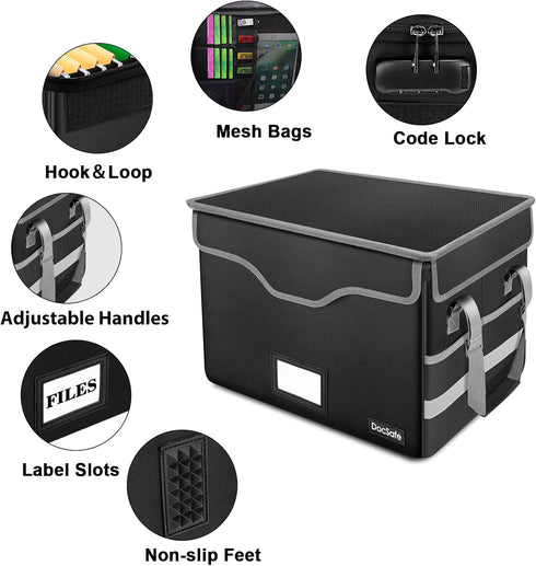 DocSafe Fireproof Document Box with Lock, Portable File Storage Organizer with Mesh Pockets, Collapsible for Home Office