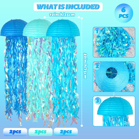 10" 6 ADLKGG Jellyfish Paper Lanterns Lamps - Gradient Blue Under the Sea Party Decorations for Mermaid Theme Birthday