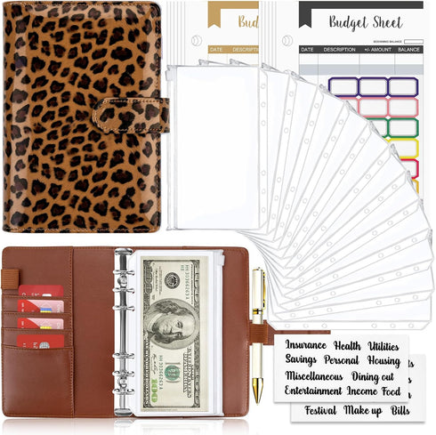 Onlyesh Budget Binder with Zipper Envelopes, Cash Envelopes for Budgeting, 28Pcs Planner (Leopard Print)